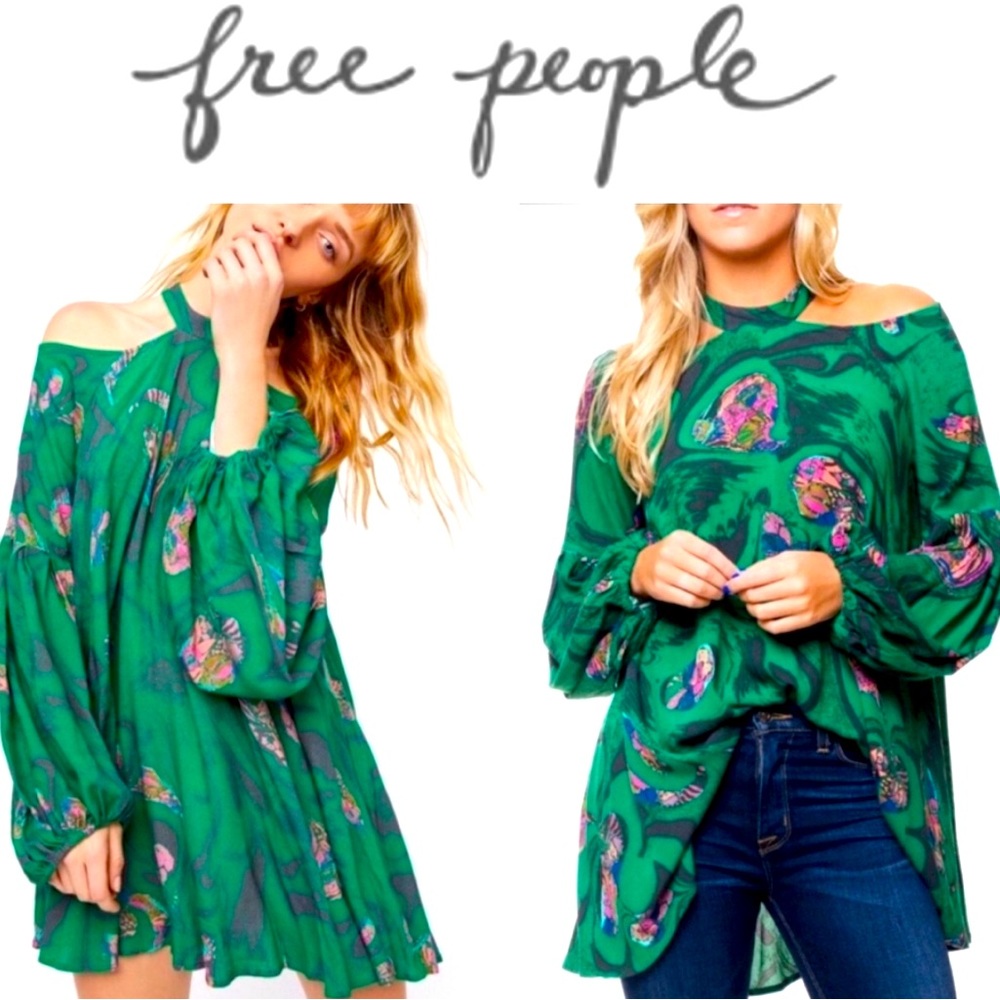 SZ XS NWT Free People dress/shirt SUPER cute Kelly Green Long Sleeves & cutouts